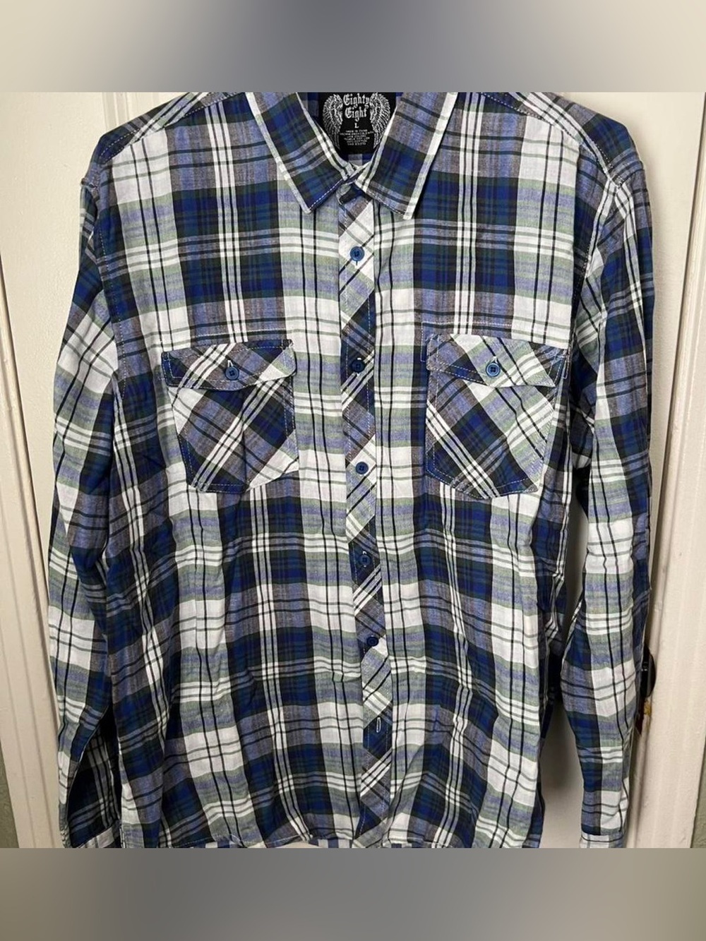 Men's Blue & White Plaid Button-Up Shirt